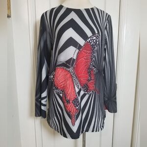J VINI ONE SIZE M-XL black Gray Rhinestone Butterfly Long Sleeve Tunic Length